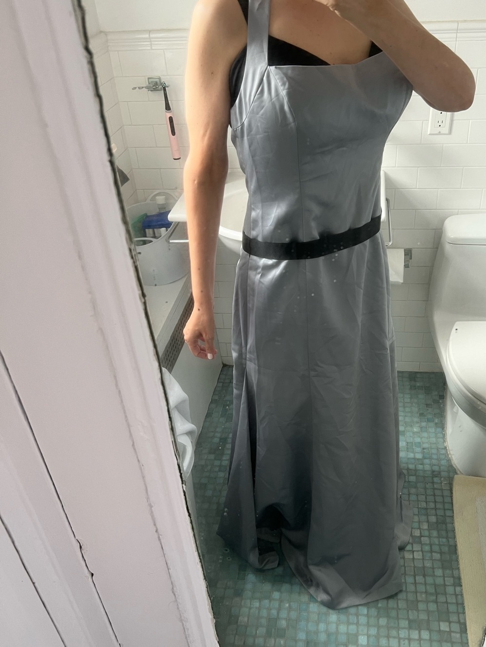 Vera Wang Silver-Grey Satin Halter Maxi with Black Waistband